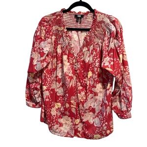 Paige Jaylee Top Floral Smocked Blouse Brick Red Cottagecore Boho Peasant Sz L